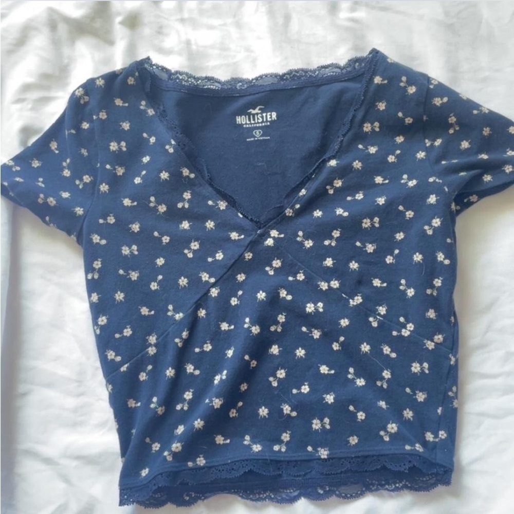 Hollister Navy Floral Lace Trim Top